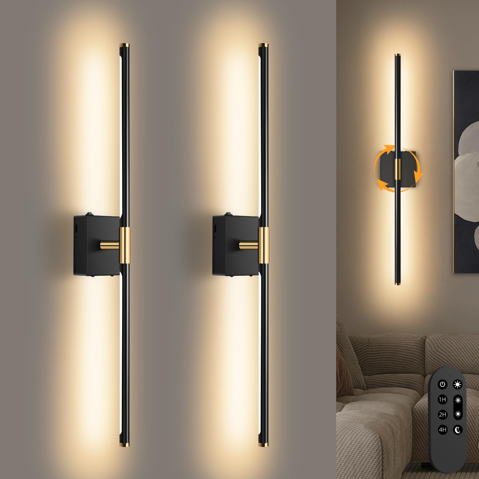 SAIMAND Wall Sconces Set of 2 Battery Operated, Wireless USB Rechargeable Wall Lights with Remote Control, 360° Rotation, 8000mAh LED Dimmable Picture Lamp for Living Room,Bedroom,Hallway (30in Black)