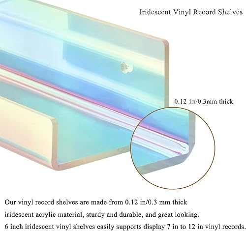 Miniatura 4 de WANLIAN Soporte de pared para discos de vinilo iridiscente, paquete de 6 estantes de pared para exhibición de discos de vinilo, sin daños montados