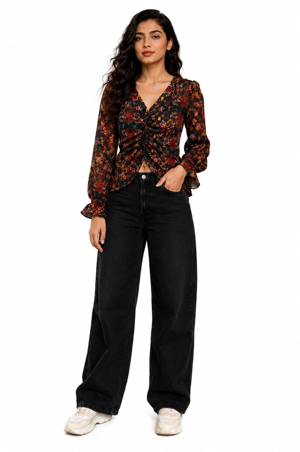 Women's Floral Printed Georgette Top | V-Neck | Full Sleeves | Green | Casual Office Wear-picture-18