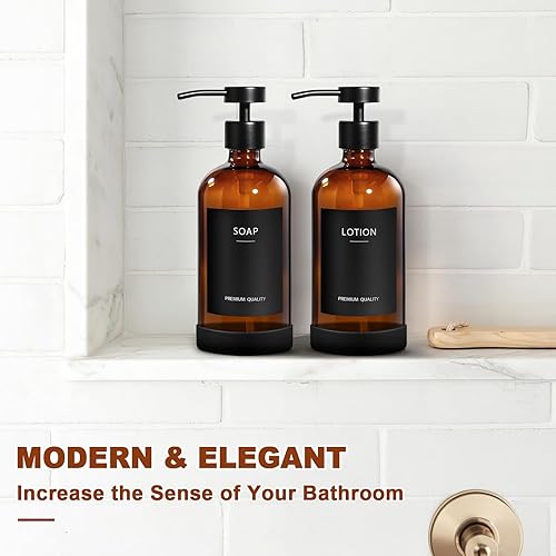 Miniatura 7 de Dispensador de jabón de vidrio ámbar, 2 unidades, dispensador de jabón de manos con bomba de acero inoxidable, juego de dispensadores de jabón para