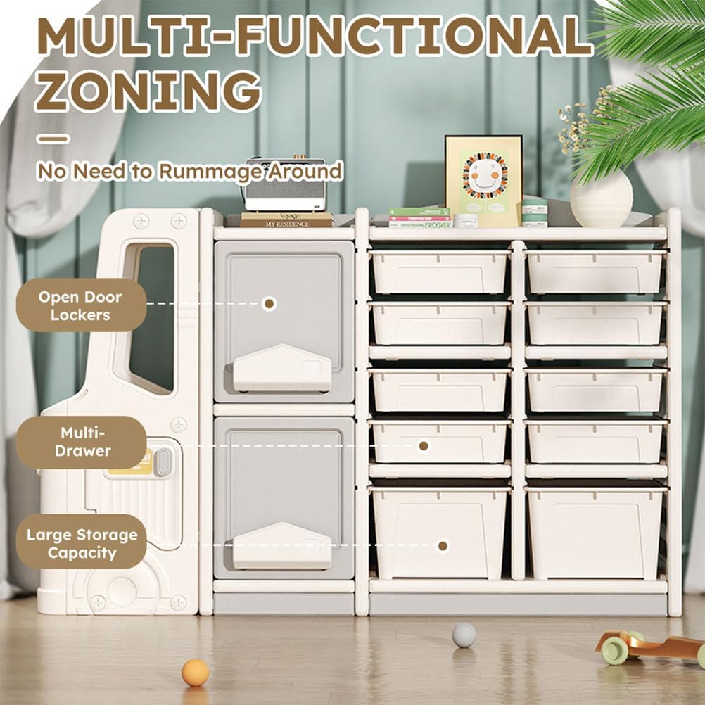 Kids Toy Storage Organizer with 8 Drawers, 2 Large Bins & Cabinet, Truck-Shaped Toy Chest, Durable HDPE Toy Shelf for Playroom, Bedroom, Nursery, Grey