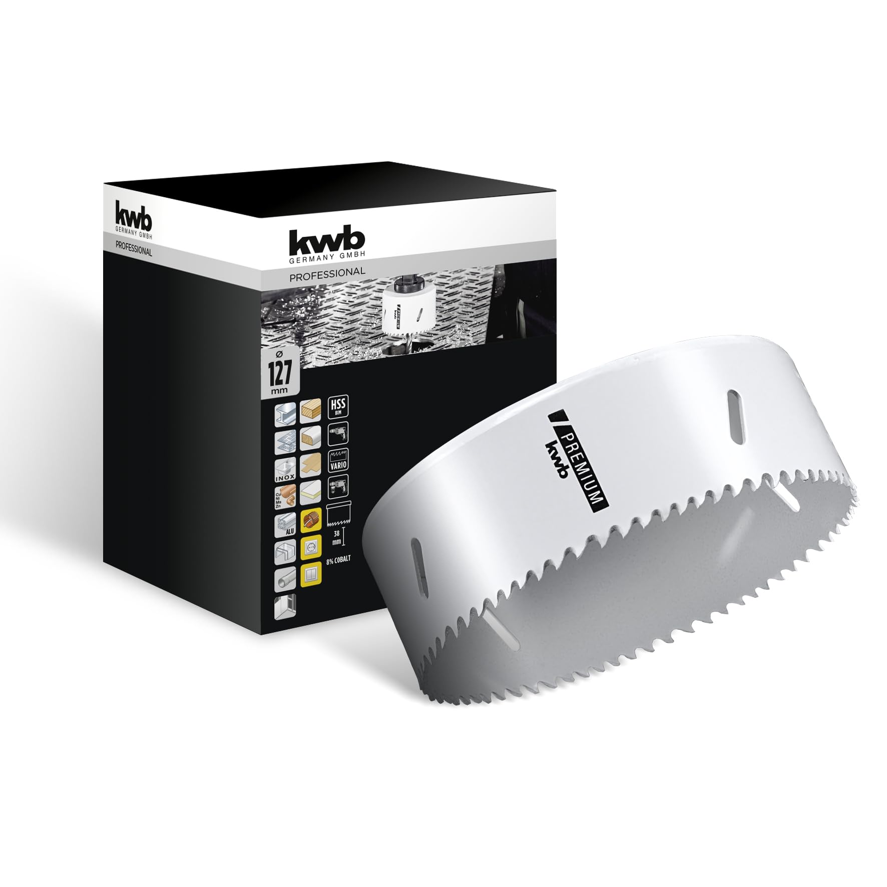 kwb HSS Bi-Metall-Lochsäge Ø 127 mm, 8% kobaltlegiert mit progressiver Vario-Zahnung und hoher Präzision für den vielseitigen Einsatz