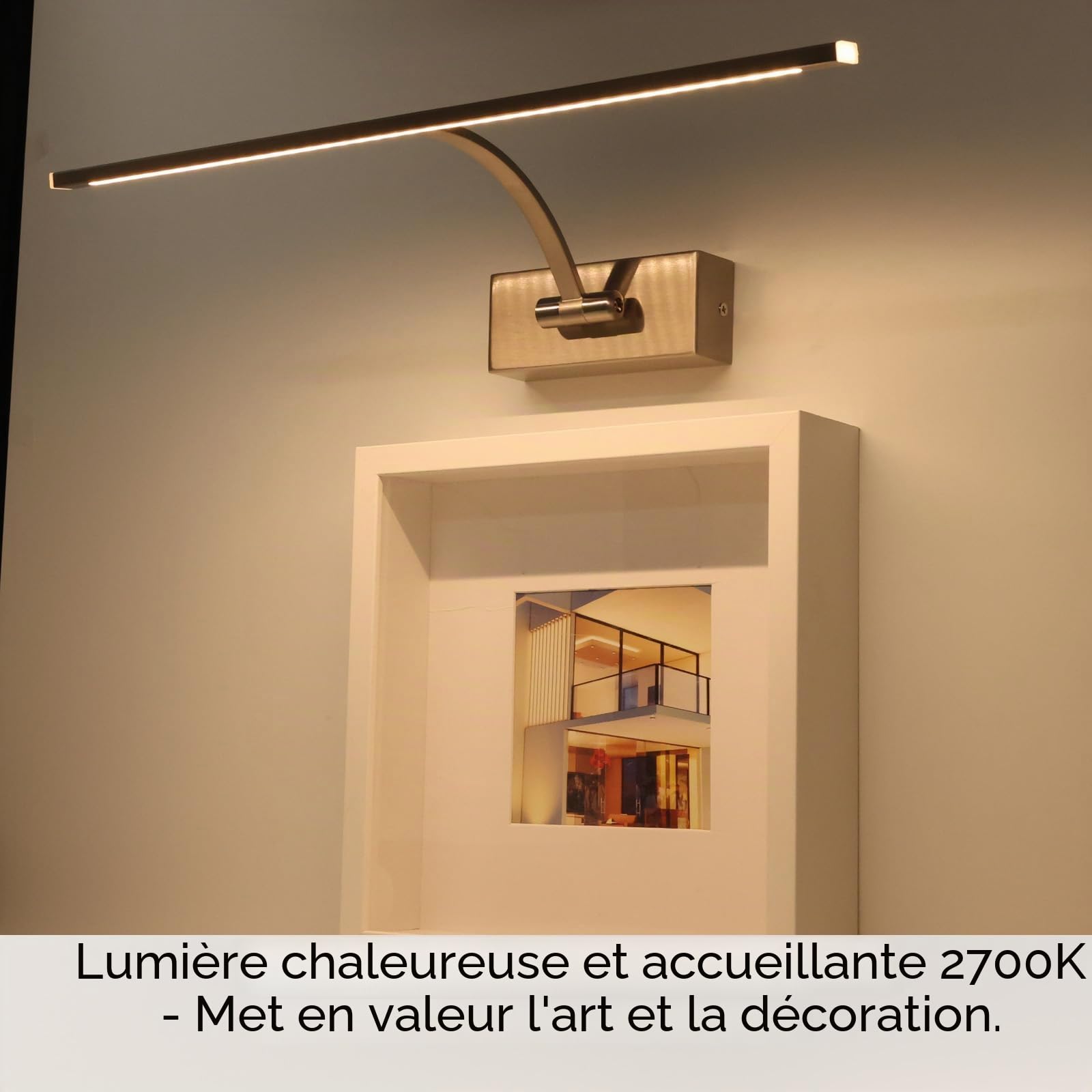 Alpinaluz Applique murale LED pour éclairage de tableaux, miroirs et meubles, 8 W, 45 cm, lumière chaude 2 700 K, angle réglable, acier avec finition nickel satiné, driver KGP intégré