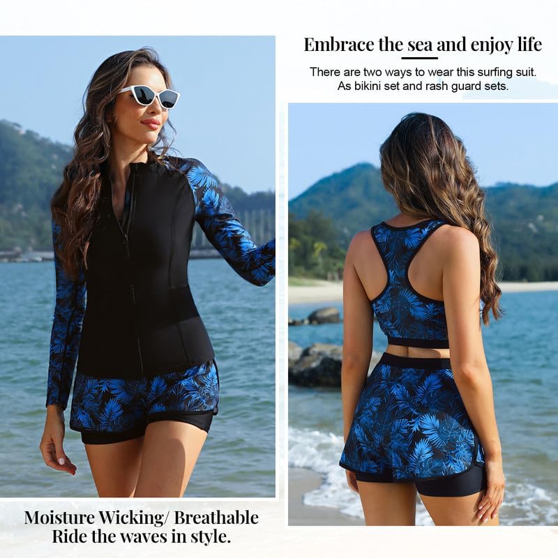 JASAMBAC Rash Guard Set da 3 pezzi, costume da bagno da donna, a maniche lunghe, bikini e a vita alta, con chiusura lampo, costume da surf, costume da bagno sportivo
