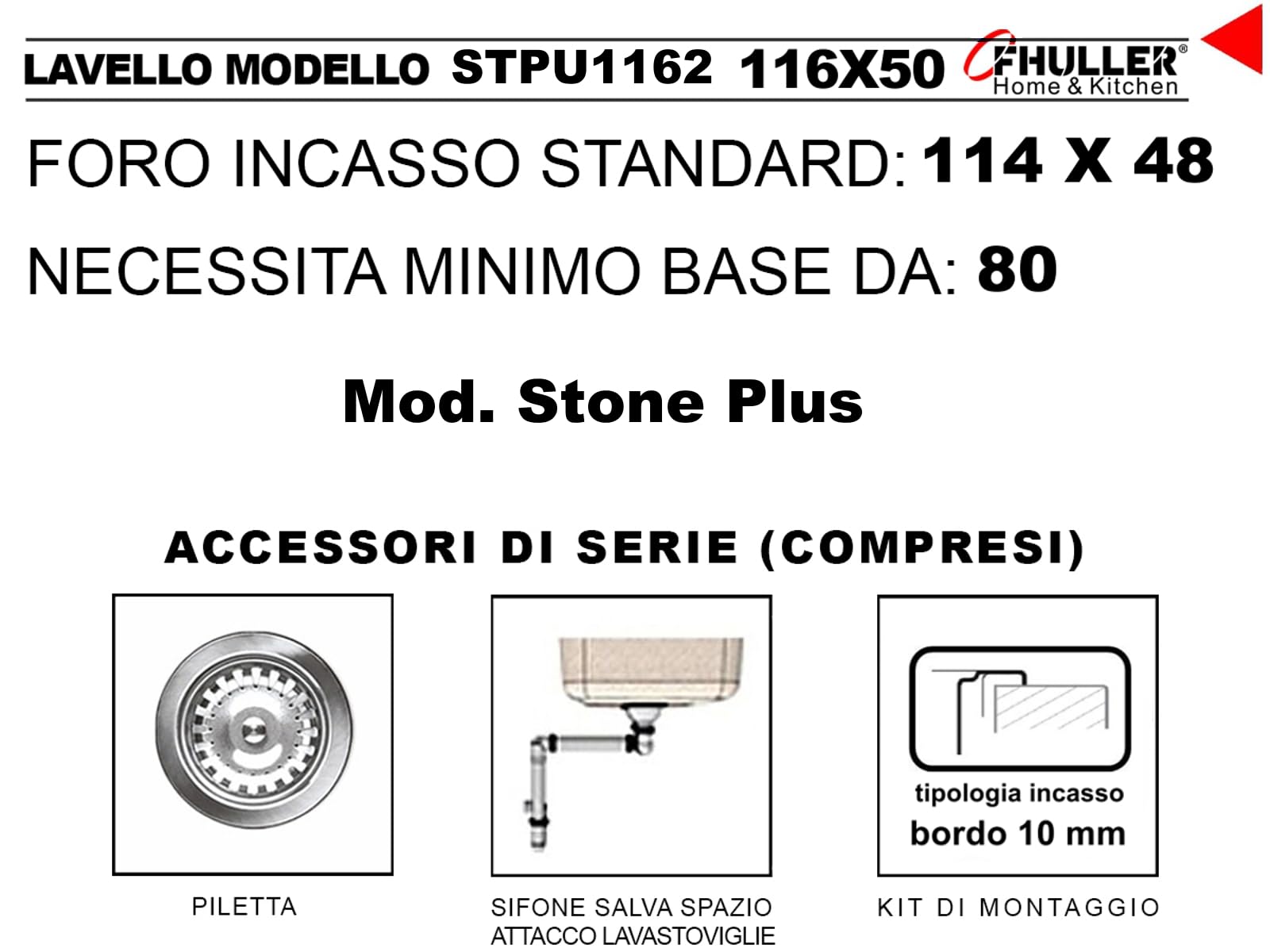 Lavello Incasso GRANITO Bianco FHULLER STPU1162GBC 116X50 2 Vasche H 20 + Gocciolatoio REVERSIBILE Base Minimo 80, FORO 114x48. Di Serie piletta 3,5 Sifone Composito Ultramaterico Fragranite Granitek