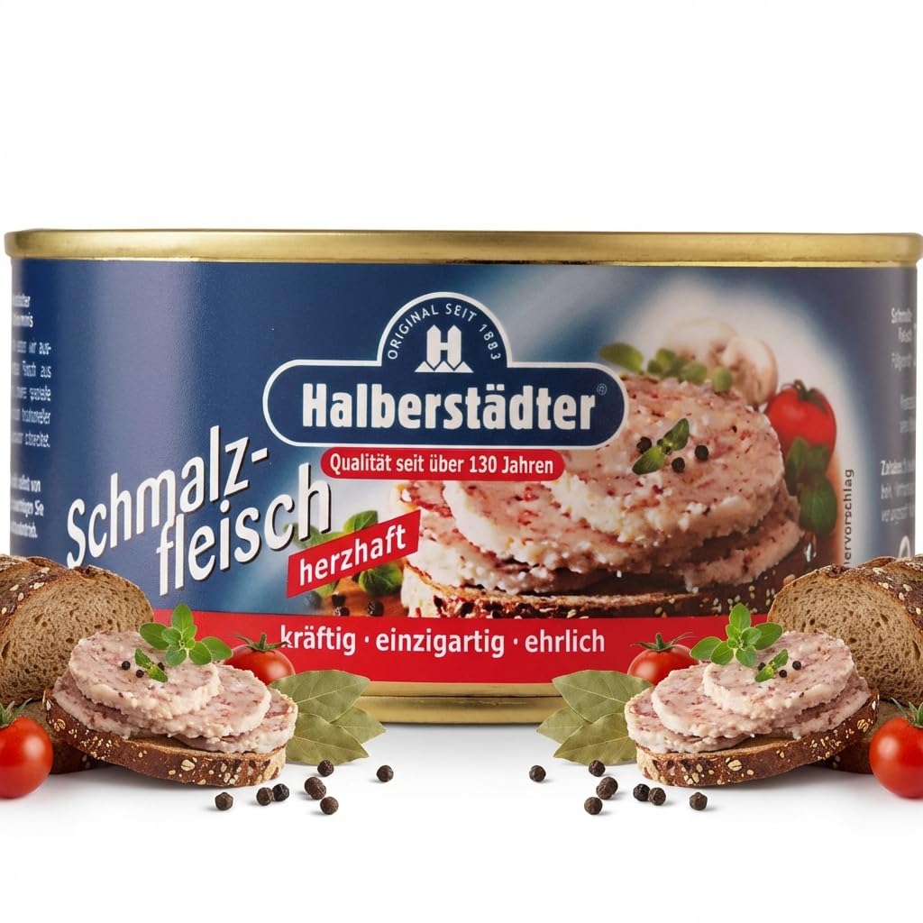 Halberstädter Schmalzfleisch herzhaft 300g – Würzig-zwiebeliger Brotaufstrich aus bestem Schweinefleisch – Traditionelle Fleischkonserve in der praktischen Ringdose