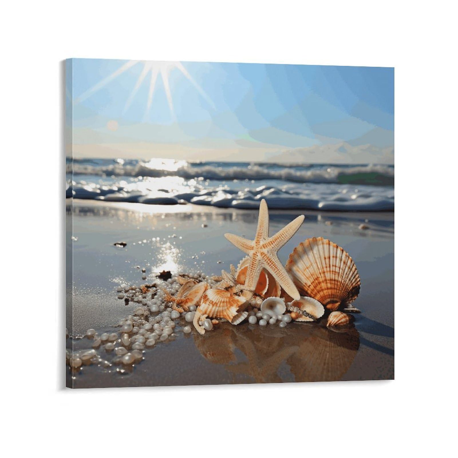 KLOPH Seashells on The Beach Canvas Wall Art for Living Room 10x10inch Modern Artwork Painting for Bathroom Hanging Canvas Prints Aesthetic Wallart for Bedroom Kitchen Office Wall Decor