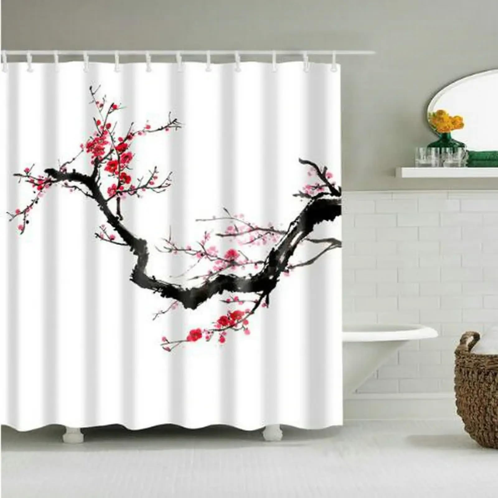 Rideau de douche rétro encre et cerisiers imperméable 92x183cm pour déco de salle de bain végétale