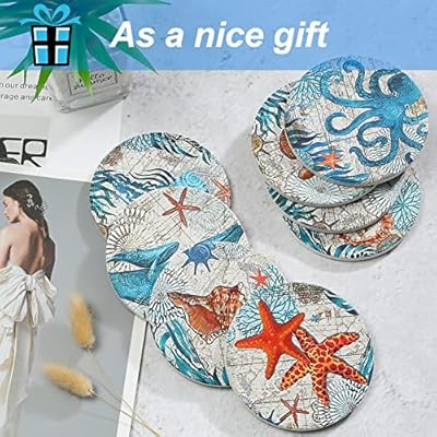 8 Pieces Stone Coasters with Holder for Drinks, Cork Base Ocean Beach Theme Tropical, for Housewarming, Apartment… 614heVTrWkL. SS400