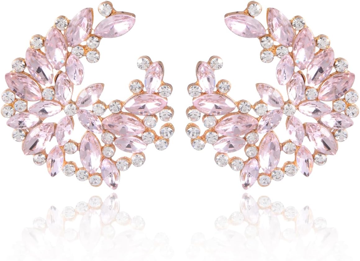 Crystal Flower Floral Stud Earrings for Women 14k Gold Plated Fashion Rhinestone CZ Cluster Floral Bridal Earrings for Wedding Bride Bridesmaids Party Prom