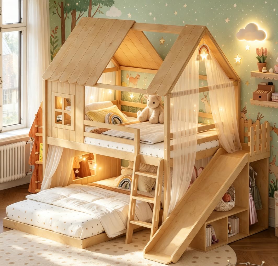 Bellemave Bunk beds Full Over Full with Slide,Ladders,Bookshelf and Wardrobe House roof Design, Low bunk/loft Bed for Kids, Natural