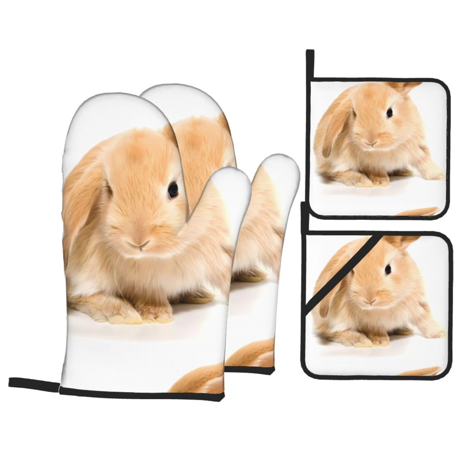 WHJSHOP Rabbit Prints Oven Mitts & Pot Holders Set - Waterproof Kitchen Layers & Heat Resistant - Durable Covers for Safe Cooking & Easy Cleanup