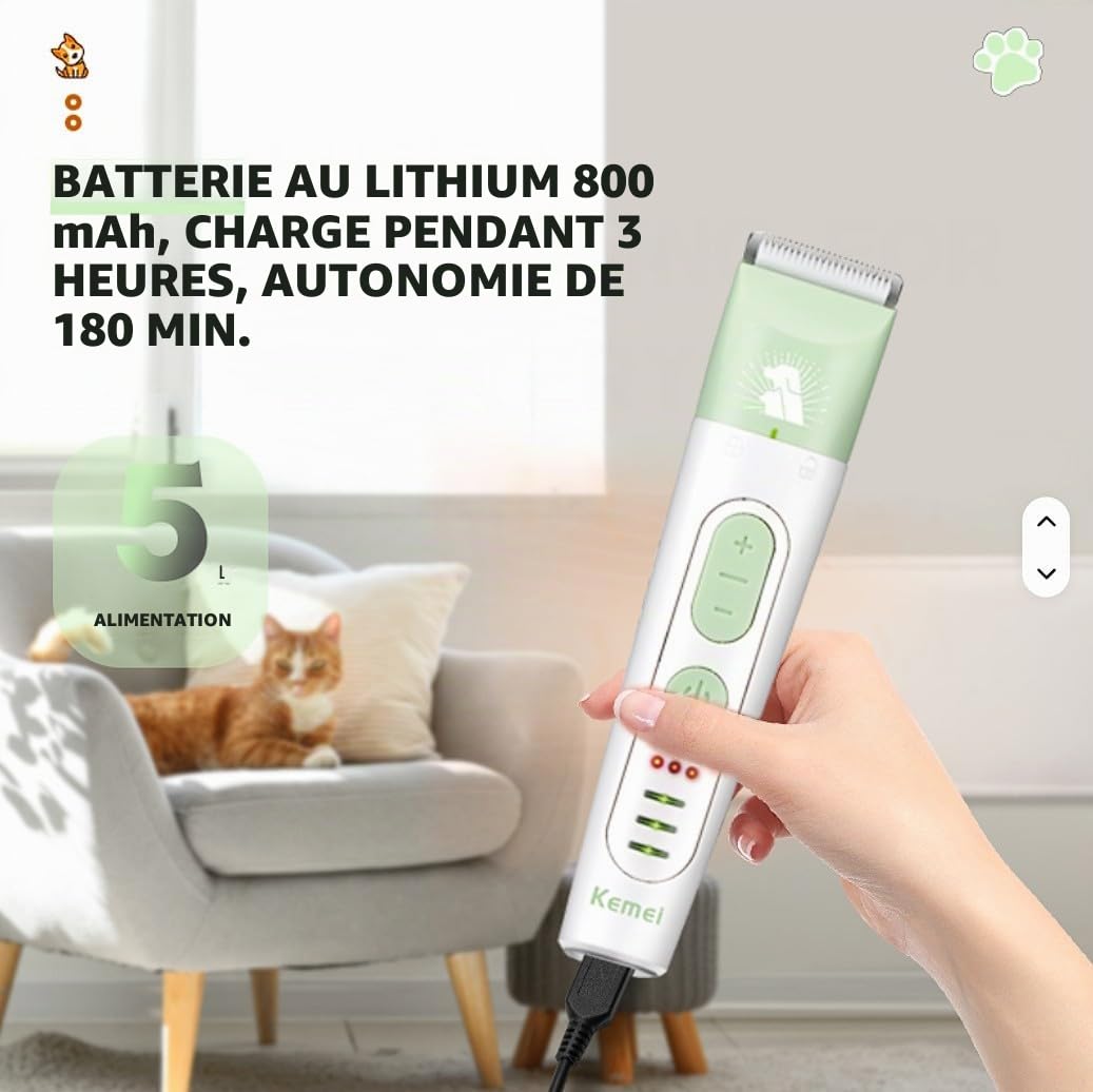 Kemei KM-CW2105 Kit de Toilettage 4 en 1 sans Fil, Lames en Céramique, Charge Rapide, Faible Bruit, pour Chiens et Chats