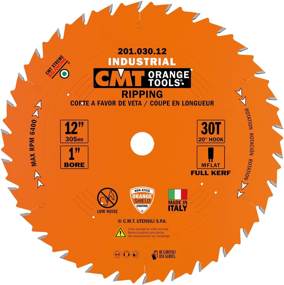 CMT 201.030.12 12" x 30 Tooth FTG, .126 Kerf, 1" Bore Table Saw Ripping Blade