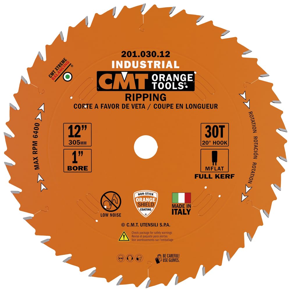 CMT 201.030.12 12" x 30 Tooth FTG, .126 Kerf, 1" Bore Table Saw Ripping Blade