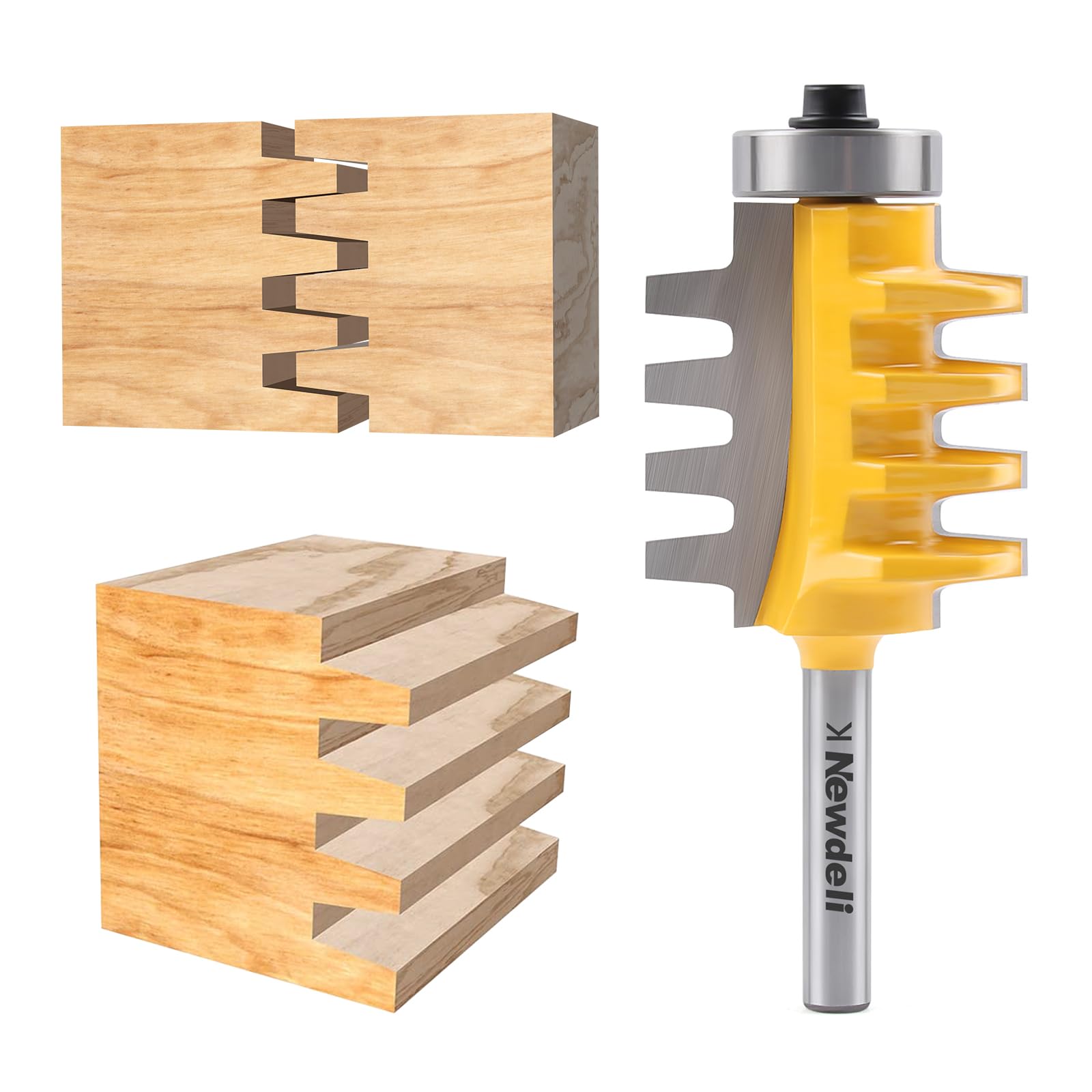 Newdeli Finger Joint Router Bit 1/4 Inch Shank Bearing Reversible Finger Joint Router Bits Carbide Joinery Wood Milling Cutter Glue Joint Tool Set for DIY Door Table Cabinet Shelve Furniture
