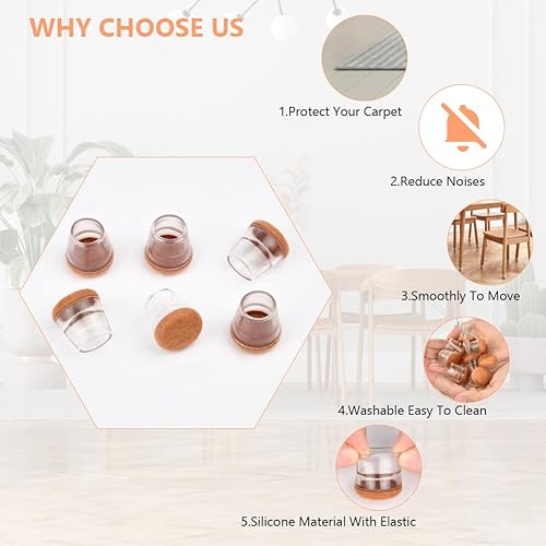 Miniatura 4 de AUAUY 16 protectores de suelo de silicona para patas de silla con fieltro, protectores redondos de alta elasticidad para patas de muebles, tapas