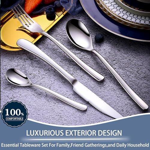 Image of 24 Pieces Flatware Set, Stainless Steel Cutlery Set with Silverware Holder, Modern Gold Silverware Set Includes Dinner Knives Forks Spoons,Hanging Silverware (Silver)