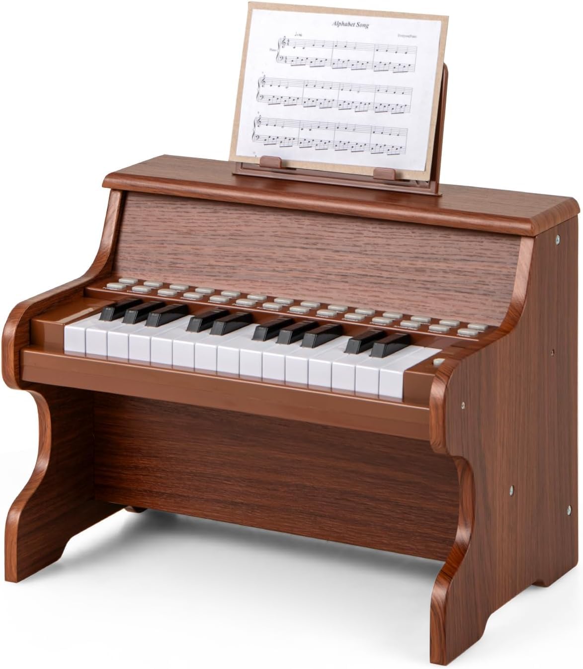 GOPLUS Teclado de Piano con 25 Teclas Iluminadas, Instrumento Musical para Niños con Atril Extraíble, Piano Eléctrico de Madera con Velocidad y Volumen Ajustables, 3+ Años (Marrón)