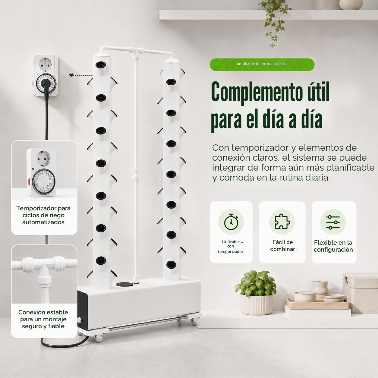 Sistema hidropónico de 56 agujeros, sistema de cultivo hidropónico vertical, torre hidropónica, riego automático, juego de hidroponía con depósito de agua de 30 l y ruedas (blanco)