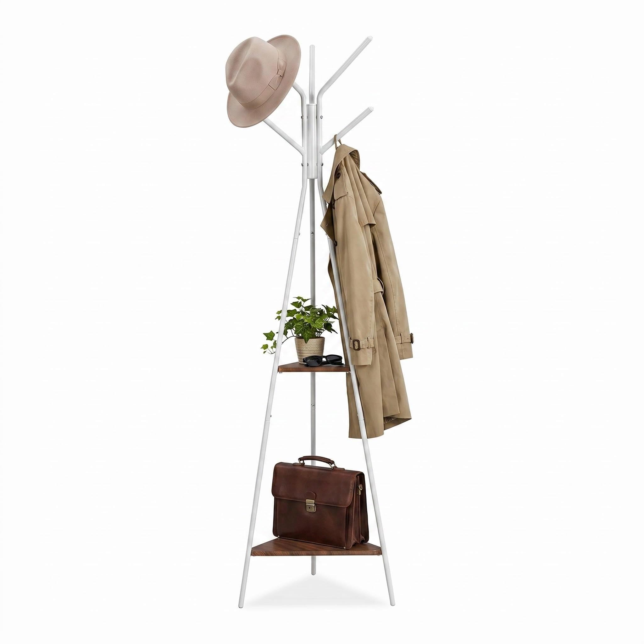 Panana Metal Coat Stand Rack Free Standing Hall Tree Coat Hanger with 2 Shelves for Hallway Bedroom Living Room (White)