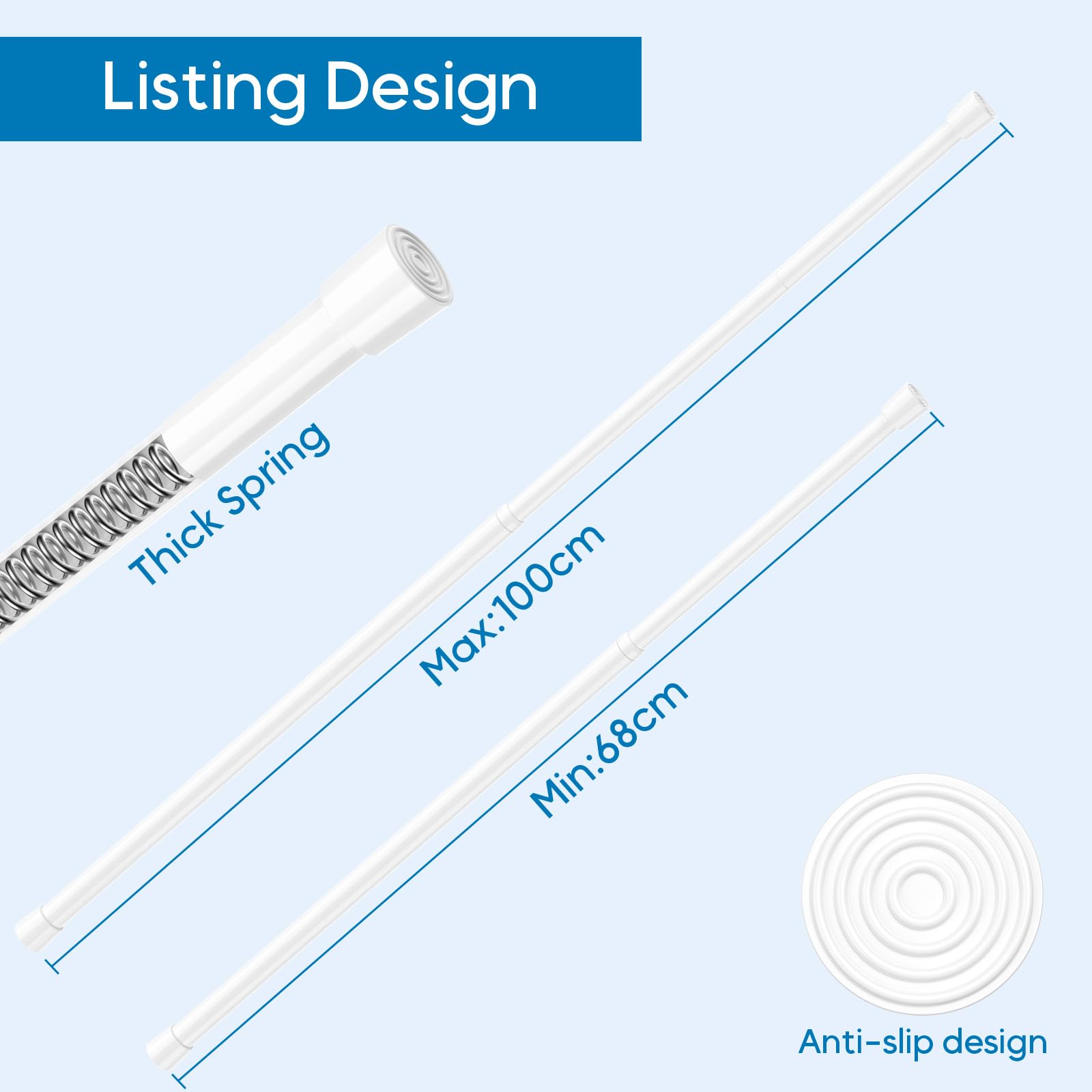 Tension Rod for Curtains 68-100cm Shower Curtain Rod White Spring Rod Extendable Curtain Pole No Drill Tension Rod Shower Curtain Poles for Clothes,Windows,Cupboard - Image 3