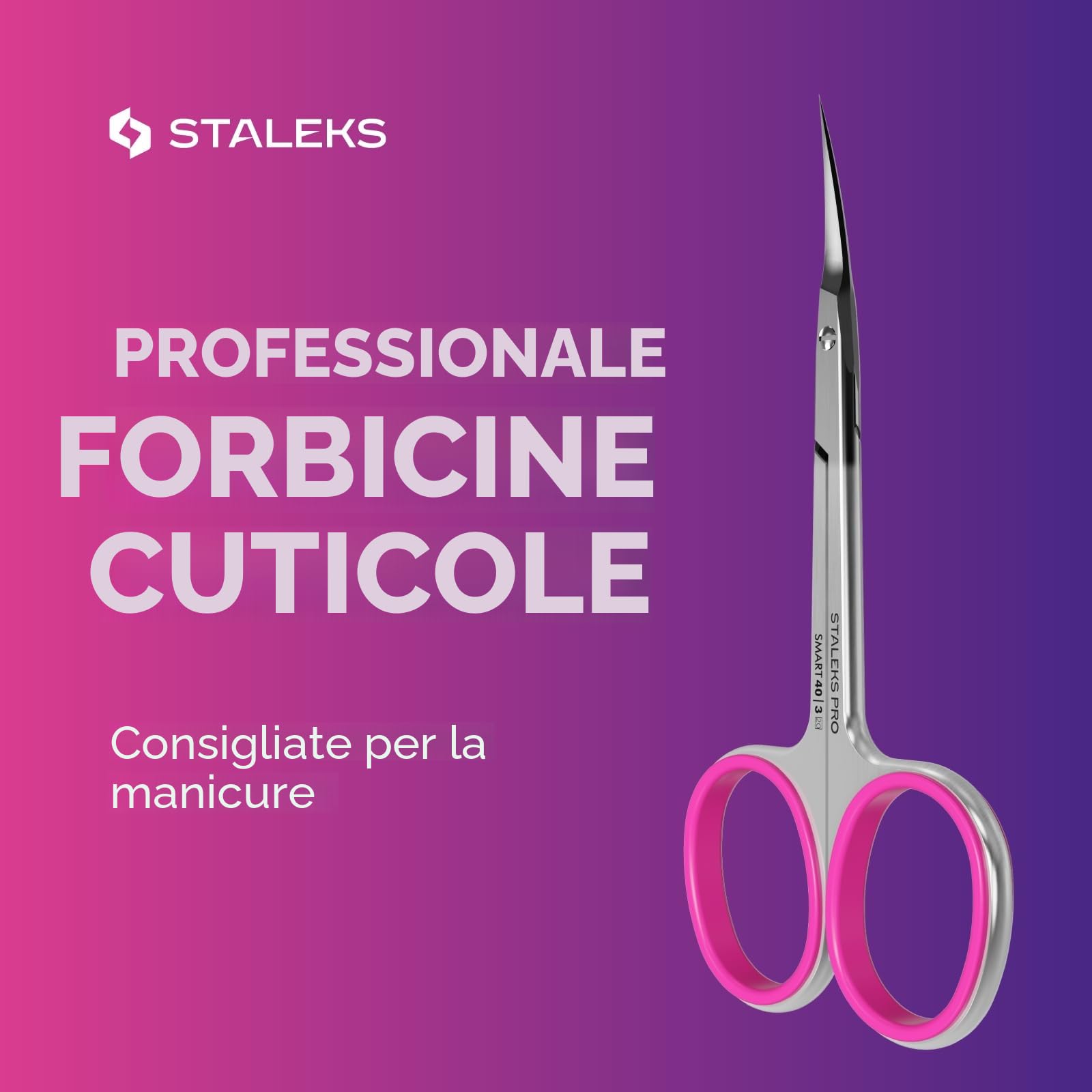 STALEKS Pro - Forbici Professionali per Pelle Cuticola, Lame Curvo Classico e Manici in Silicone Rosa, Affilatura Manuale, Smart 40 Type 3, SS-40/3