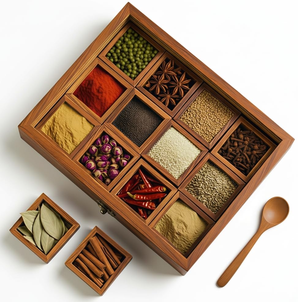 Image of THEHEARTWILL Sheesham Wooden Spice Box for Kitchen - 'Twelve Blends' Masala Container Dabba with 12 Containers & 2 Spoons | Wooden Masala Dani Box | Wooden Namak Dani for Kitchen