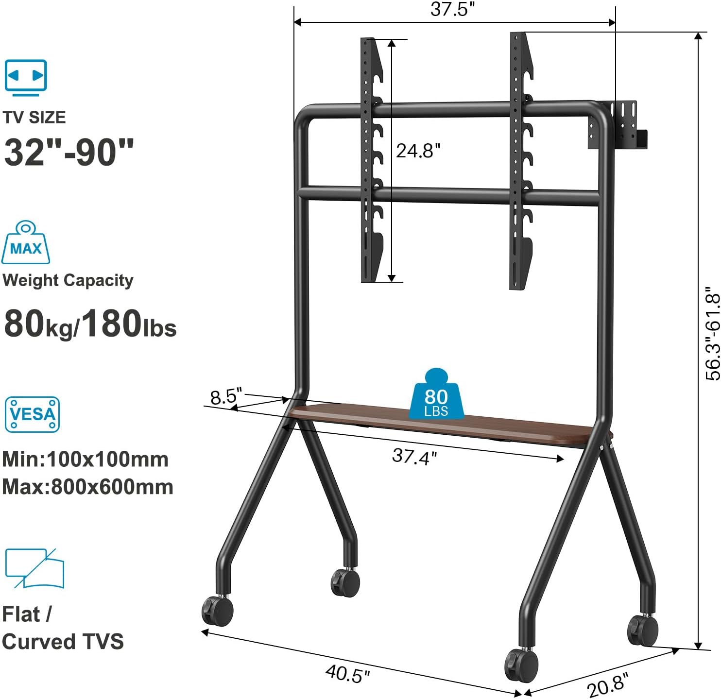 Mobile TV Cart Easel Rolling TV Stand for 32 to 90 Inch LCD LED OLED Flat Curved Panel Screens, Height Adjustable Portable Floor TV Stand with Locking Wheels Hold Up to 180 Lbs Max VESA 800x600mm