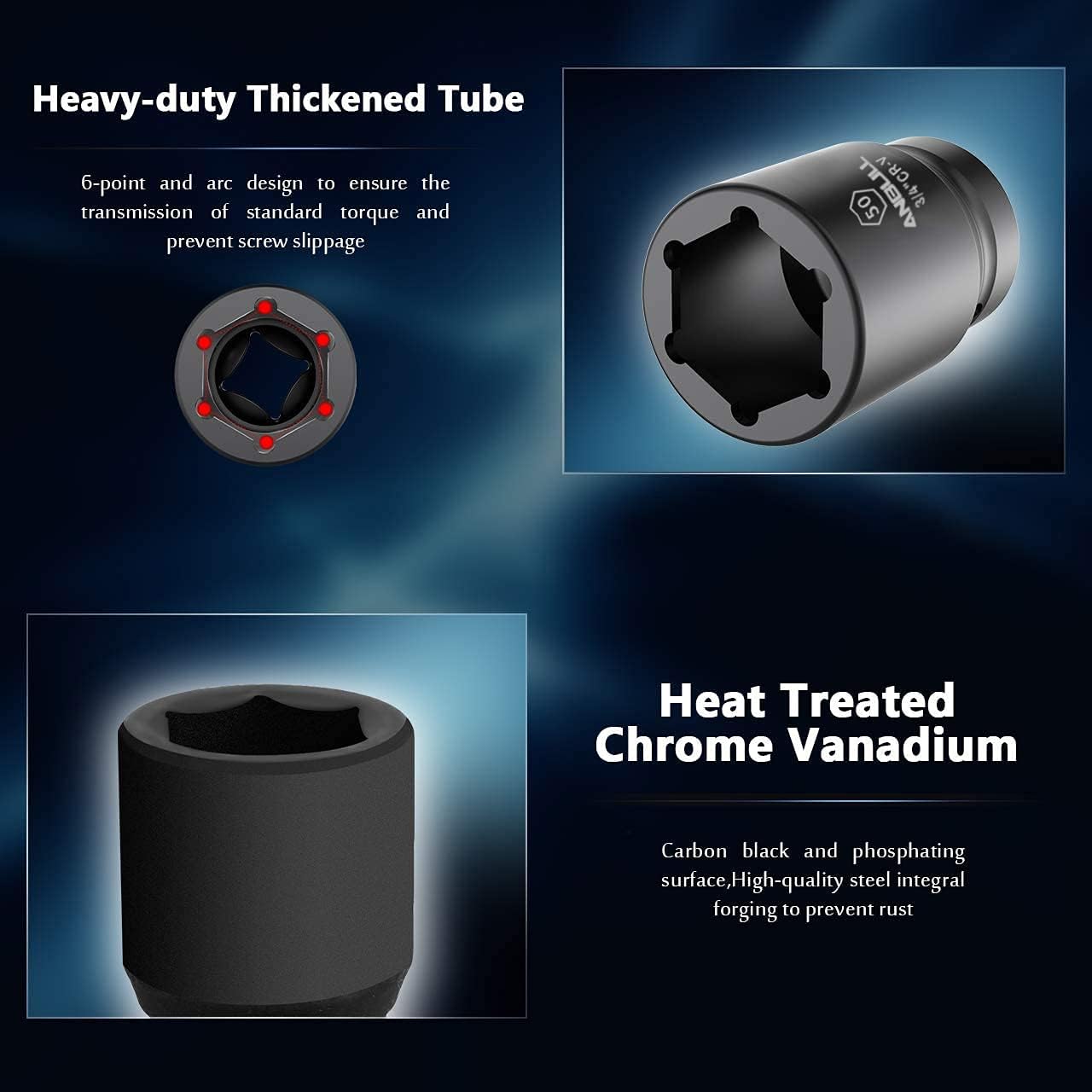 Anbull 3/4" Drive Jumbo Impact Socket Set, 21 Piece Shallow Socket Assortment, 6-Point Standard Metric Sizes (21-50 mm) Cr-V Steel Anbull 3/4" Drive Jumbo Impact Socket Set, 21 Piece Shallow Socket Assortment, 6-Point Standard Metric Sizes (21-50 mm) Cr-V Steel