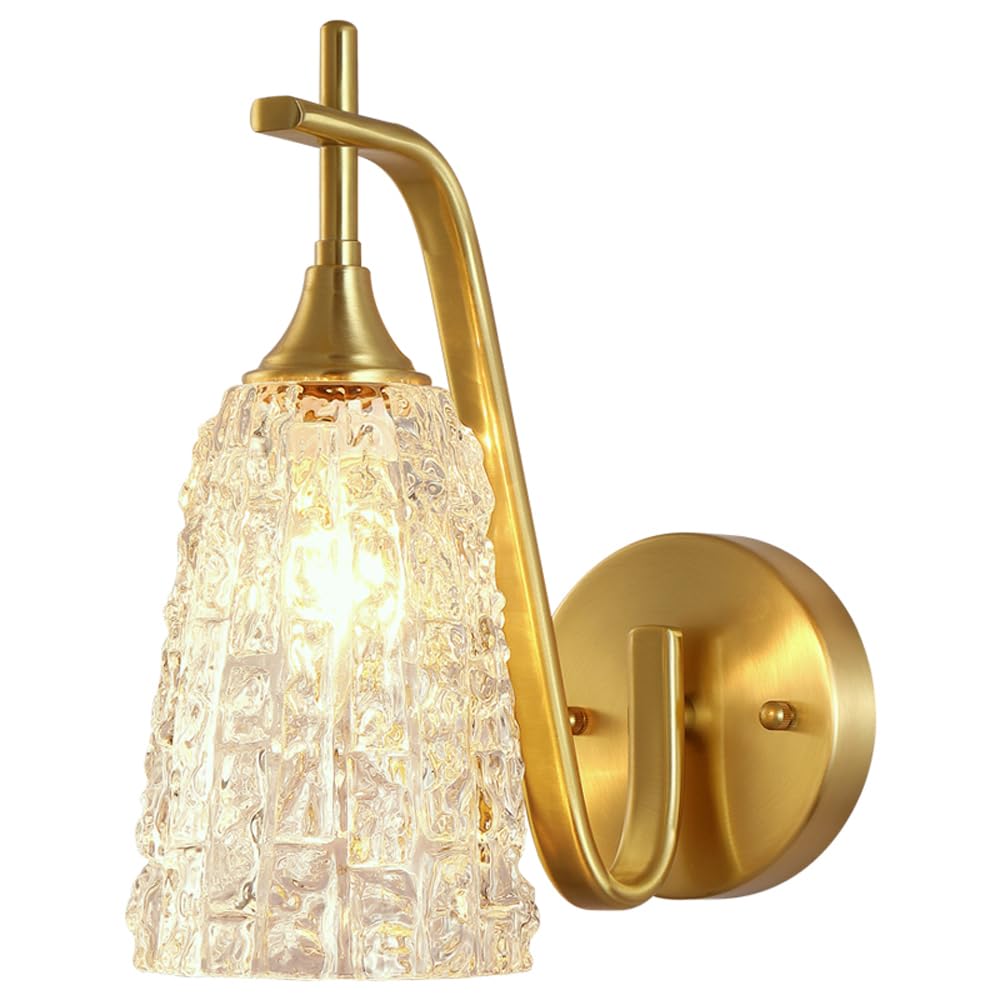 HUAYUSEDF Mid Century Modern Wall Sconce Vintage Glass Bedroom Light Fixture Antique Brushed Brass Lighting Nordic Gold Bathroom Mounted Lamp for Living Room Hallway Stairs Aisle