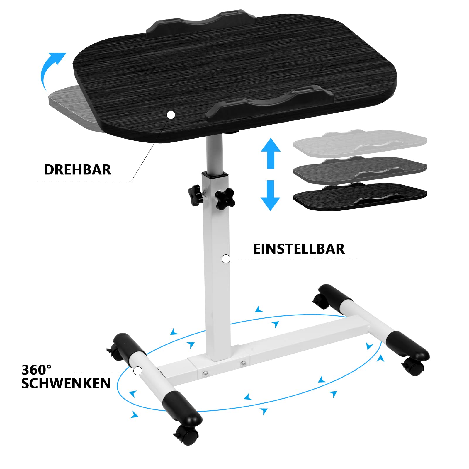 Table de Lit Roulette, 60 x 40 cm, Tablette Médicale Réglable Table d'Appoint de Lit à roulettes, Hauteur Réglable 61-95CM, Bureau Pliable, 360° Bureau D'ordinateur Levage Rotatif