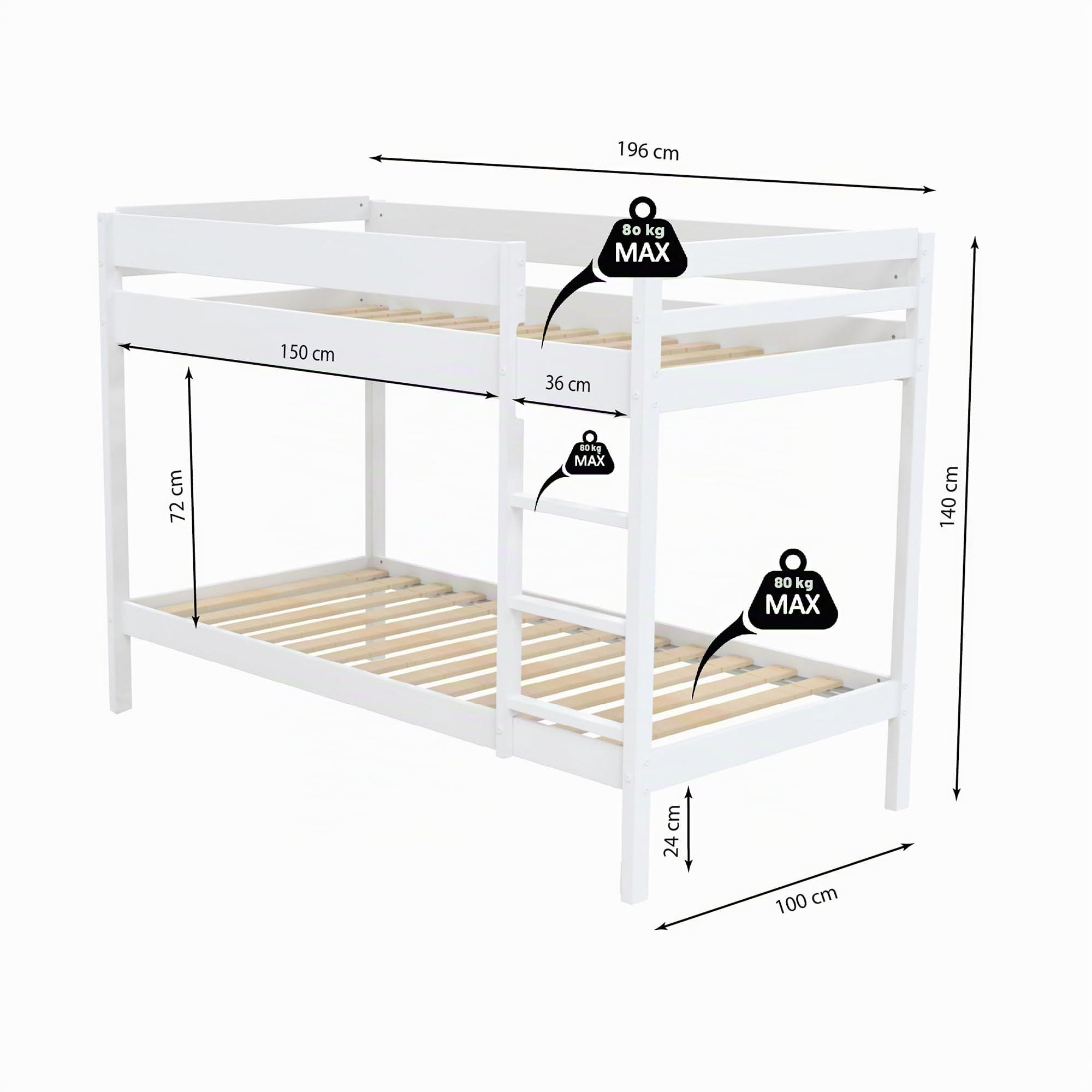 WEBER INDUSTRIES Letto a castello, 90 x 190 cm, colore: Bianco