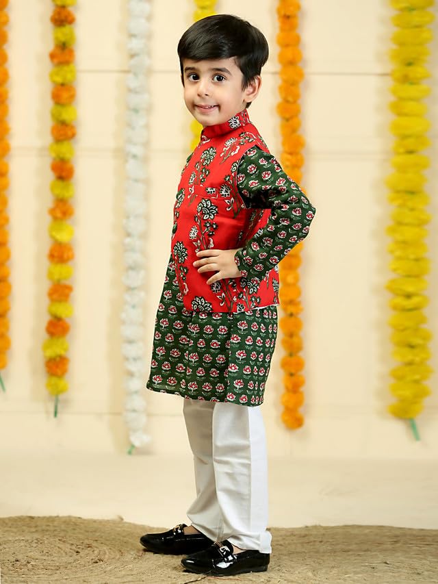 Image of The Mom Store Boys Printed Cotton Kurta Pajama Set With Jacket | Soft And Comfortable Ethnic Wear For Baby /Kids Boys | Full Sleeves Kurta Pyjama Set | Traditional Indian Outfit