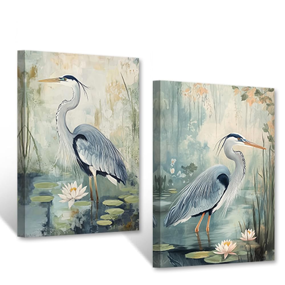 CXHOSTENT Blue Heron Canvas Wall Art 2 Panels Coastal Bird Pictures Crane Painting Print Ocean Bird Poster Living Room Bedroom Nursery Decor Frame (28x35cmx2)