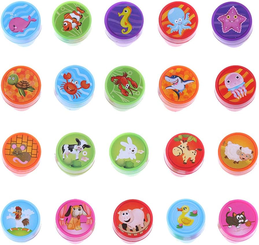 DINGJIN 20 Pieces Assorted Plastic Animal Stamps Set Self Inking Stamps Toy Gifts for Kids Toddler (Farm animals,Sea animals)