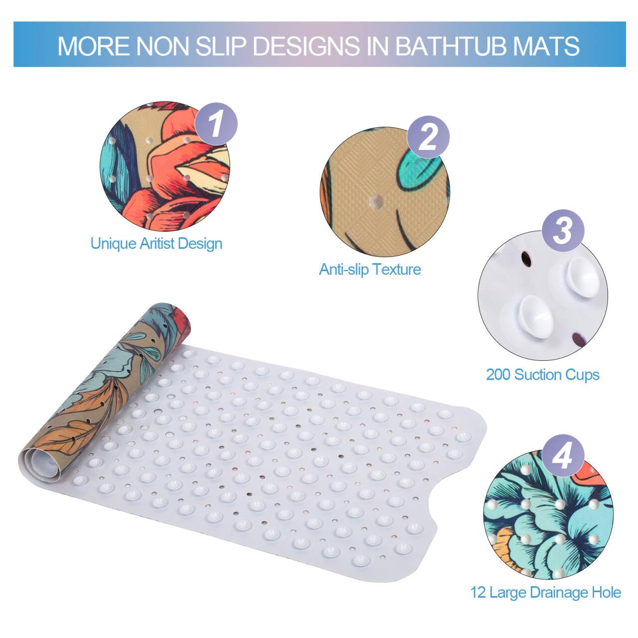 Floral Bathtub Mat Non Slip for Kids Botanical Extra Long Anti Slip Bath Mat for Tub Abstract Bath Shower Mat with Large Drain Holes and Suction Cups Quality Plant Design Bathroom Decor 40x16in - Image 4