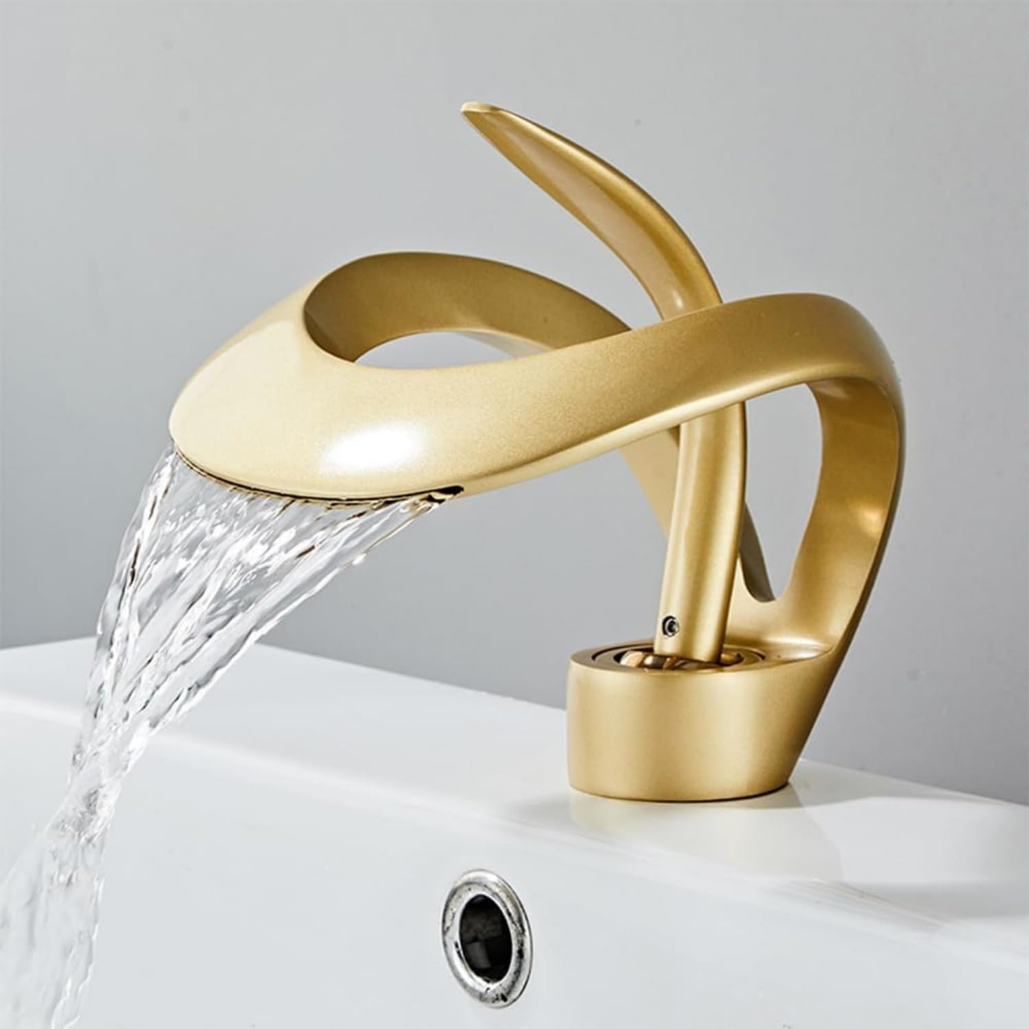 Waterfall Single Handle Bathroom Sink Faucet, Curved Shape Elegant Design Single Hole Lavatory Faucet Basin Mixer Tap (Gold)