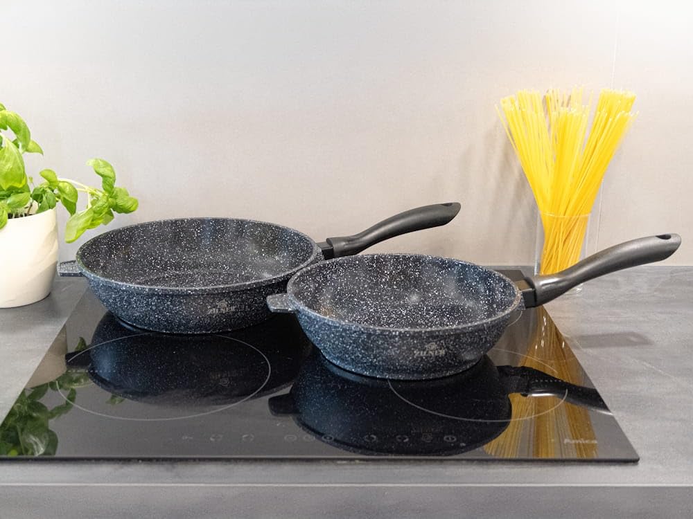Lot de 17 Casseroles et Poêles, Revêtement Marbre et Céramique, Noir | Couvercles en verre, antiadhésif, tous feux dont induction, gaz, électrique, vitrocéramique, aluminium, poignées isolantes