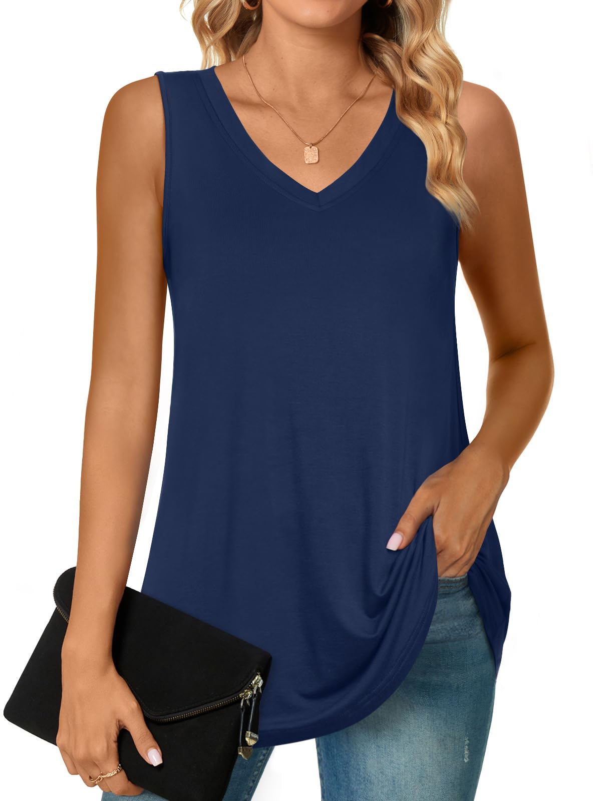 POPYOUNG Womens Long Tunic Tank to Wear with Leggings Summer V-Neck Sleeveless Tops Loose Shirts