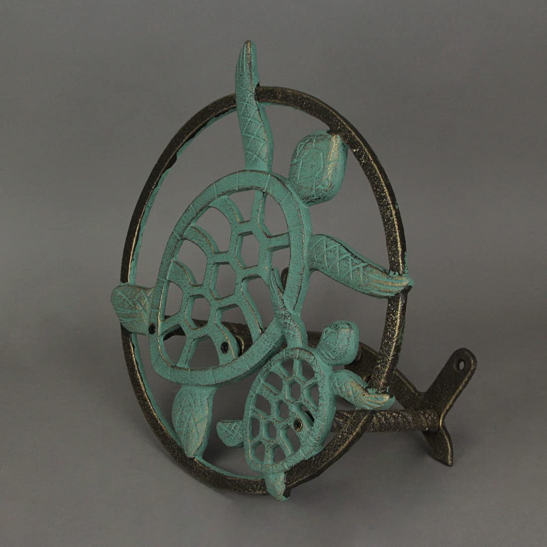 Zeckos Support mural décoratif en fonte pour tuyau de jardin - 30,5 cm de diamètre - Motif tortue de mer - Décoration inspirée de l'océan