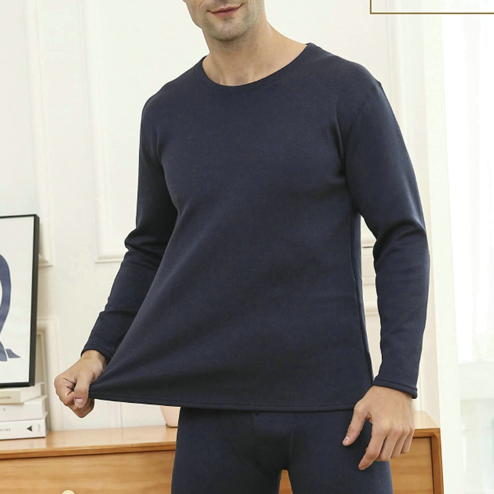 Aeici - Ropa interior térmica para hombre, invierno, poliéster, cuello redondo y polainas, color azul marino -Z239