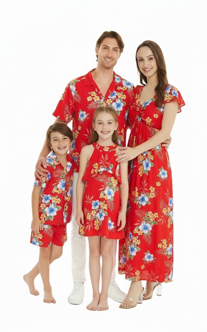 Matchable Family Hawaiian Luau Men Women Girl Boy Clothes in Hibiscus Red
