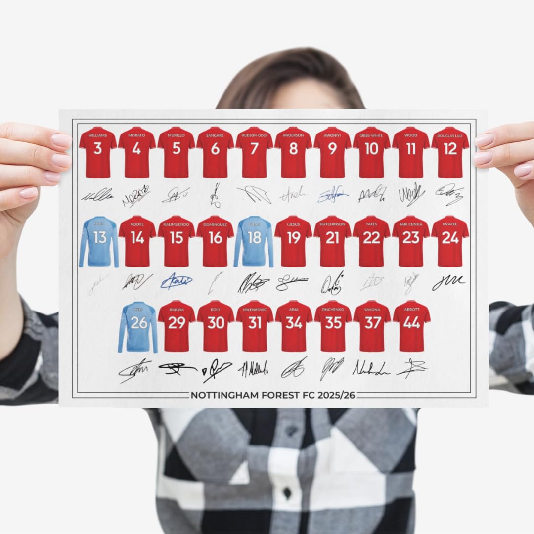 Nottingham Forest FC Signed 2025-26 Signed Team Poster, Autographed By Full Squad, Choose Framed or Print Only (A3, Unframed)