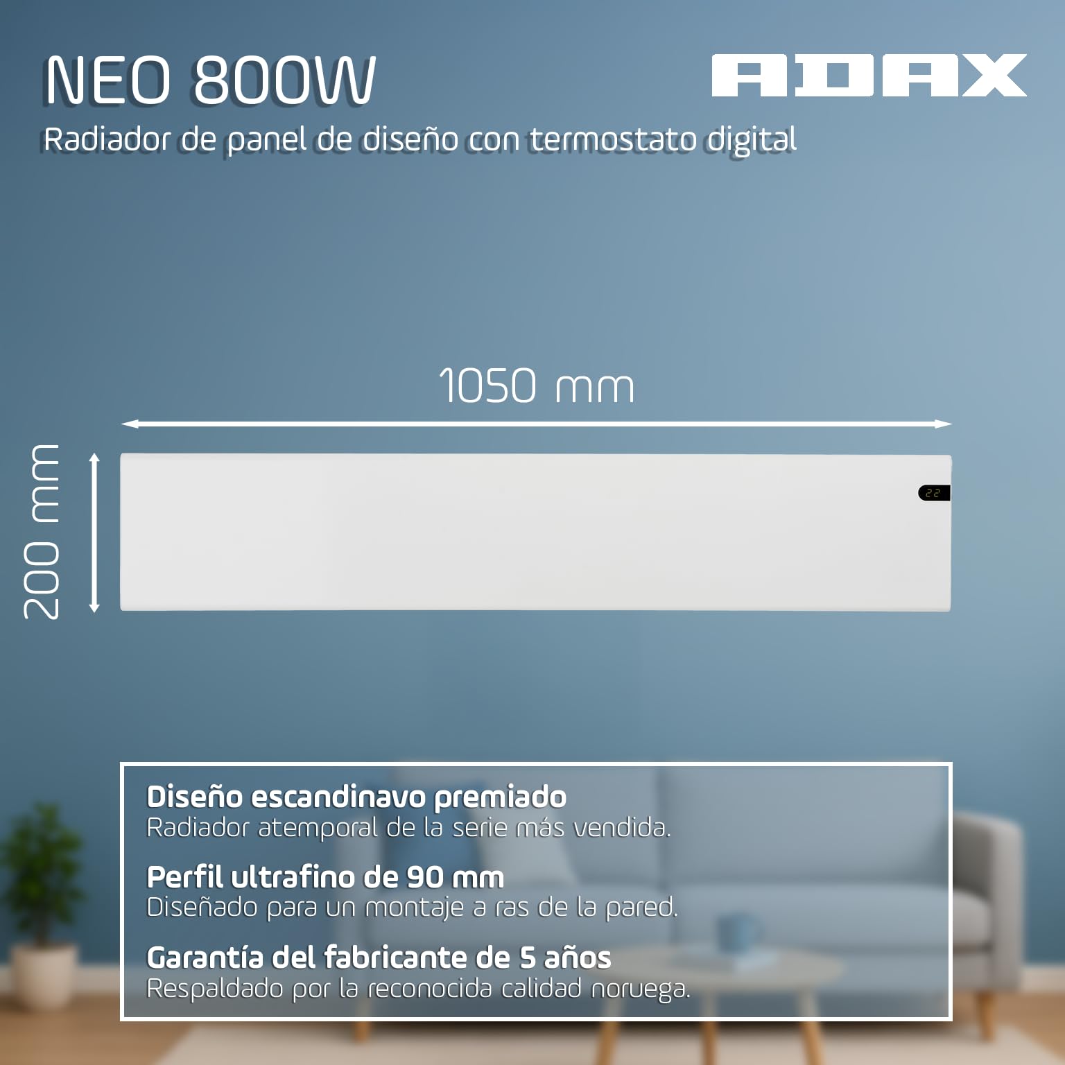 Adax Neo NL - Radiador Electrico Bajo Consumo 800W | Calefactor Bajo Consumo | Radiador eléctrico moderno | Altura 200mm | Calefactor Electrico KDT Blanco | IP20