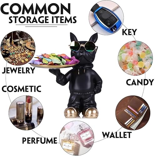 Miniatura 4 de Estatua de bulldog francés negro, cuenco para dulces y llavero, bandeja de almacenamiento de joyas, ideal para decoración moderna del hogar,