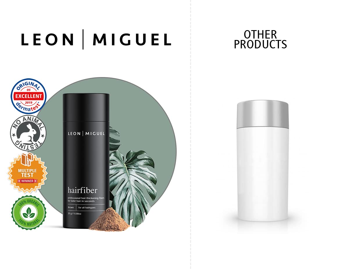 LEON MIGUEL Hair Fiber - Haarverdichtung - Premium Streuhaar/Schütthaar mit Soforteffekt bei Geheimratsecken, Haarausfall und lichtem Haar - Haarpuder | 25g (Dunkelbraun)