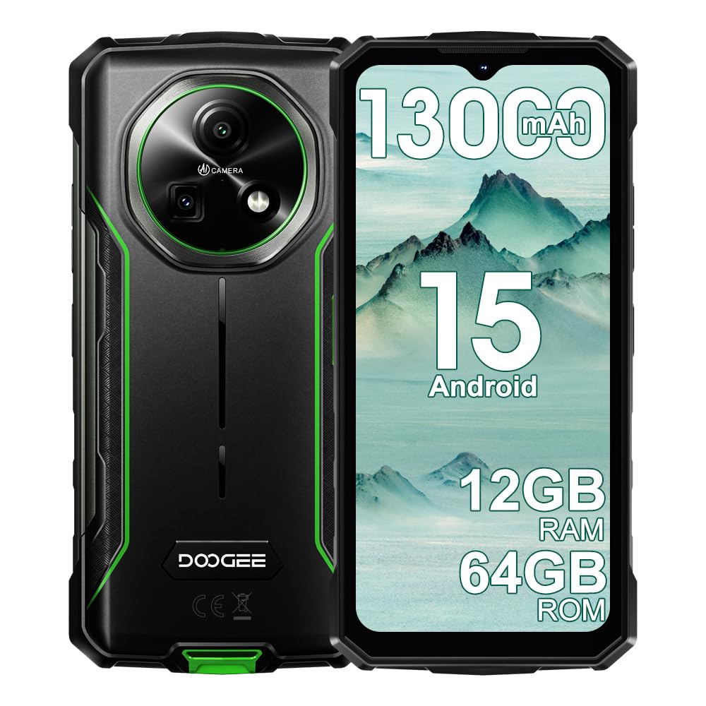 DOOGEE Fire 5 Rugged Smartphone, Batteria 13000mAh 10W 4G Android 15 Telefono Indistruttibile,6.6''HD+90Hz, 13MP+8MP AI Fotocamere Cellulare Antiurto, 12GB+64GB/2TB, IP68/NFC/OTG/3 slot (Verde)