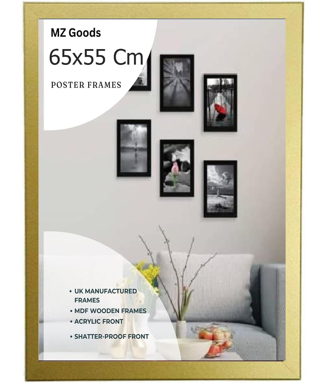 Mz Goods Gold Modern Mdf Wooden Wide Frame | 65X55 Cm Poster Frames Durable Sleek Acrylic Front | Jigsaw Puzzle Picture Frames Large Art Display For Home & Office Décor