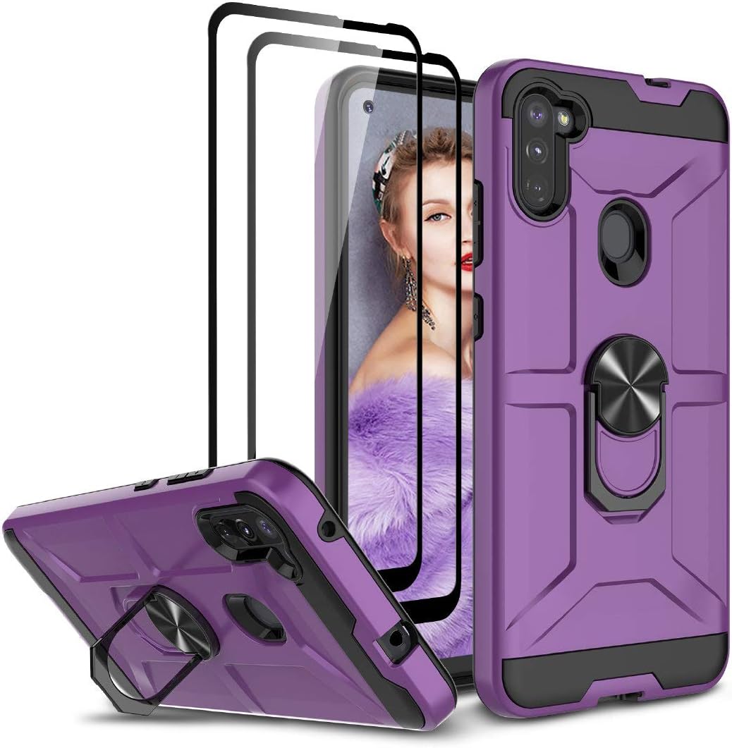 Jeylly for Samsung Galaxy A11 Case with 2 PCS Tempered Glass Screen Protector, 360 Rotatable Metal Ring Holder Kickstand [Work with Magnetic Car Mount] Heavy Duty Case for Galaxy A11, Purple